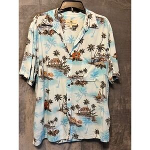 Island Shores Hawaiian Shirt Mens L‎ Blue Tropical Palm Rayon Aloha Resort